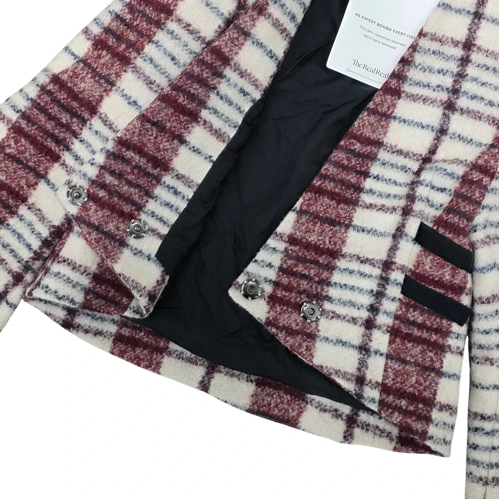 Derek Lam 10 Crosby Plaid Boucle Cropped Jacket Burgundy Wool Mohair Navy Size 4